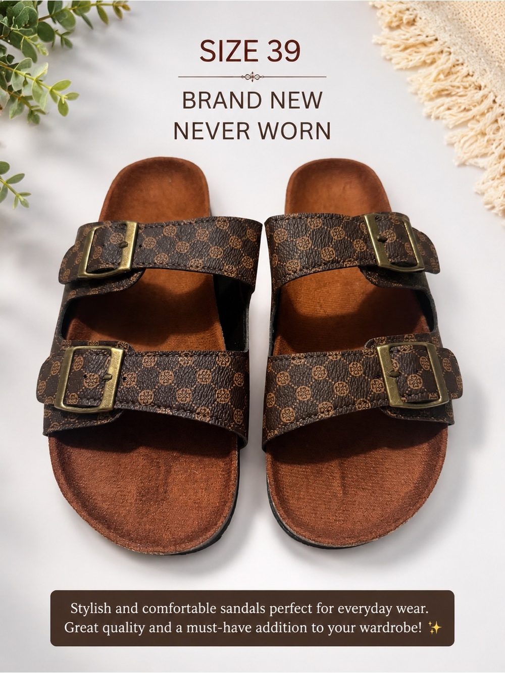 Women’s  Brown Double-Buckle Slide Sandals